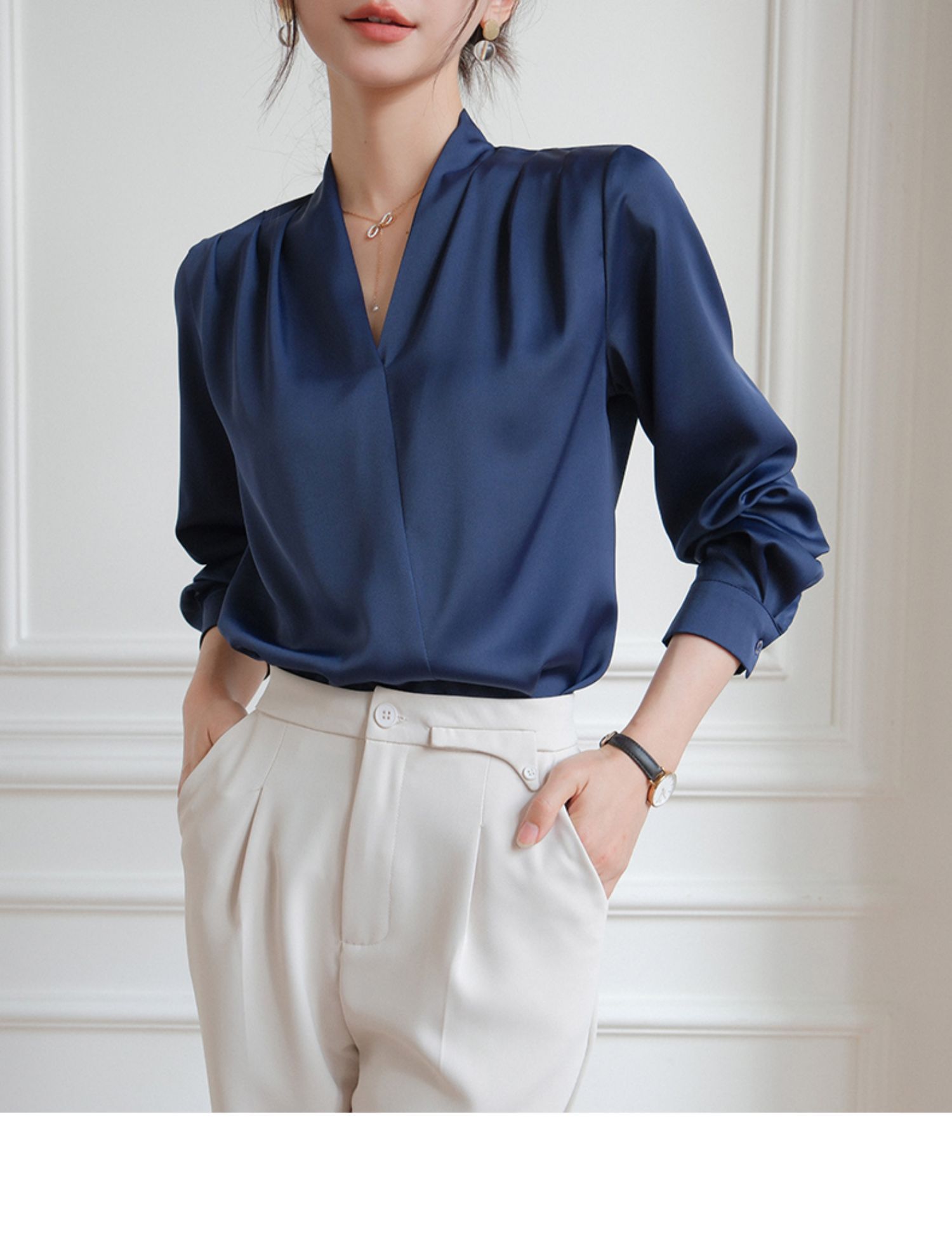 Elegant V-neck Satin Shirt Women's Commuter Formal Wear - YLORESHOP