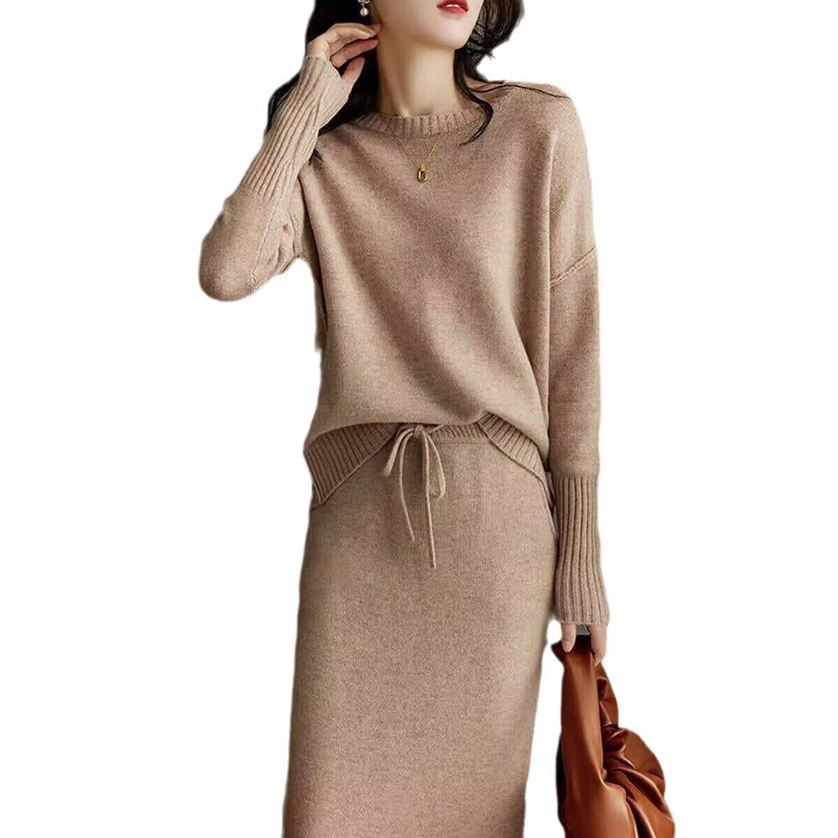 Drawstring High Waist Pure Color Wool Knitted Dress Two-piece Set - YLORESHOP