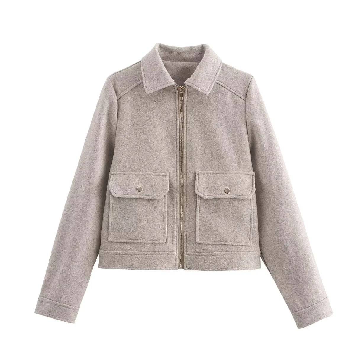 Women's Lapel Woolen Pocket Zipper Coat - YLORESHOP