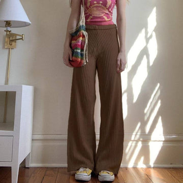 American Retro Solid Color Rib Fabric Basic Knitted Trousers - YLORESHOP