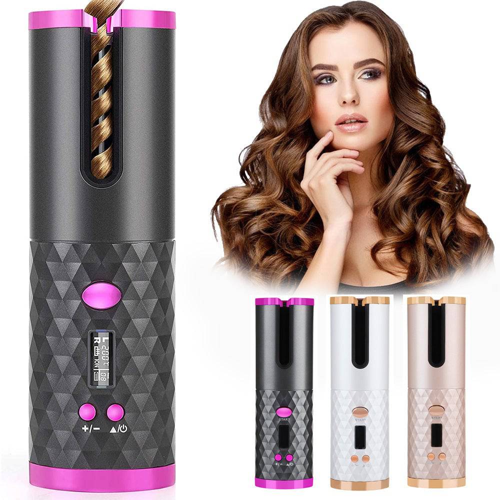 Rechargeable Automatic Hair Curler Women Portable Hair Curling Iron LCD Display Ceramic Curly Rotating Curling Wave Styer - YLORESHOP