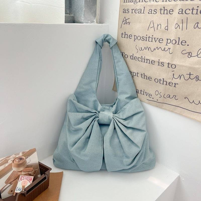 Borsa tote sotto le ascelle con fiocco e spalla di grande capacità Borsa in tela di jeans lavata