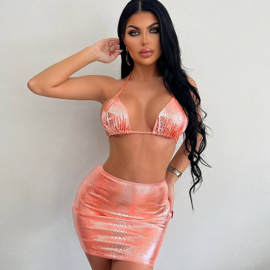 Women's 3 Piece Bathing Suits Halter Snake Pattern Bikini Set With Cover Up Skirt Summer Swimsuit - YLORESHOP