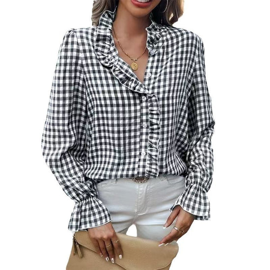 Women's French-style Plaid Shirt With Wooden Ears - YLORESHOP
