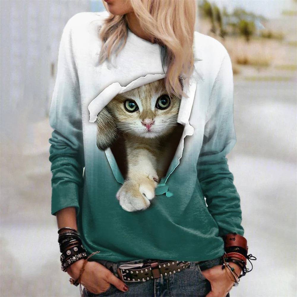 Gradient Cat Print Mid-calf Shirt Casual Sweatshirt Pullover Long-sleeved Shirt