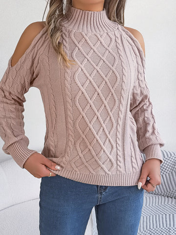 Maglione casual a trecce con collo alto e maniche lunghe, spalle scoperte