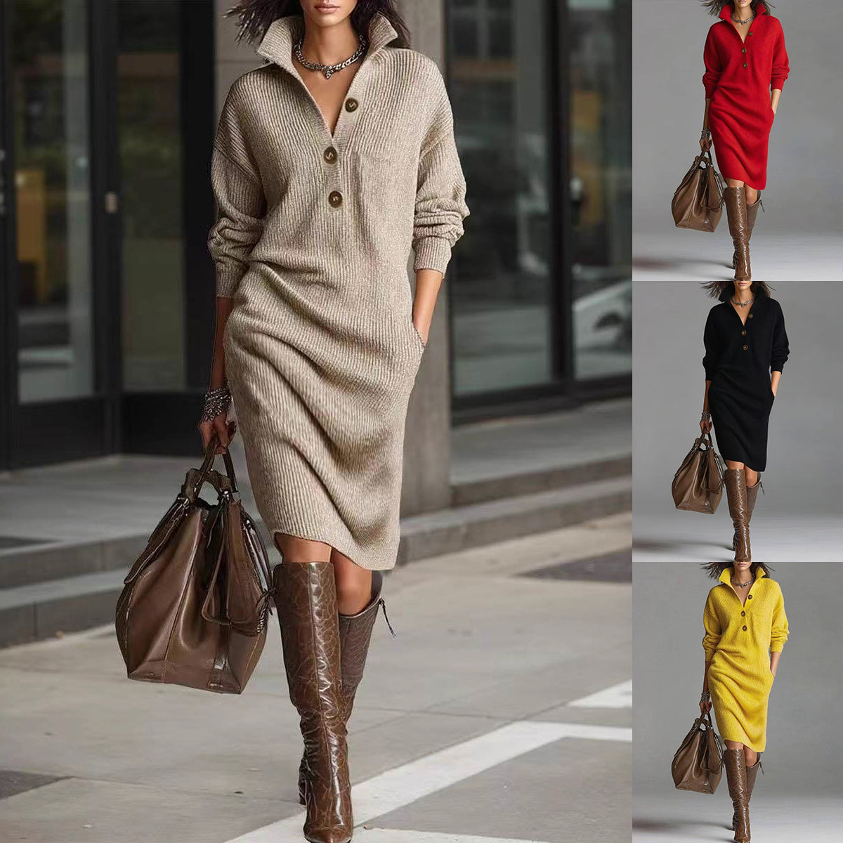 Fashionable, warm, high-neck, V-neck, button-up, casual, long-sleeved winter dress. - YLORESHOP