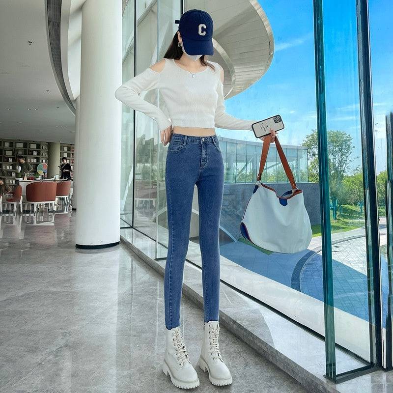 Dark Blue Jeans Women's High Waist Spring Stretch Slimming Skinny Close-fitting Fleece - YLORESHOP