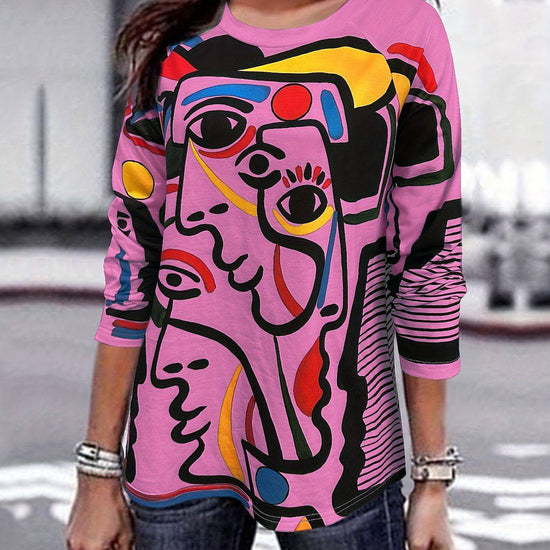 Women's T-shirt White With Printed Pattern Round Neck Long Sleeve - YLORESHOP