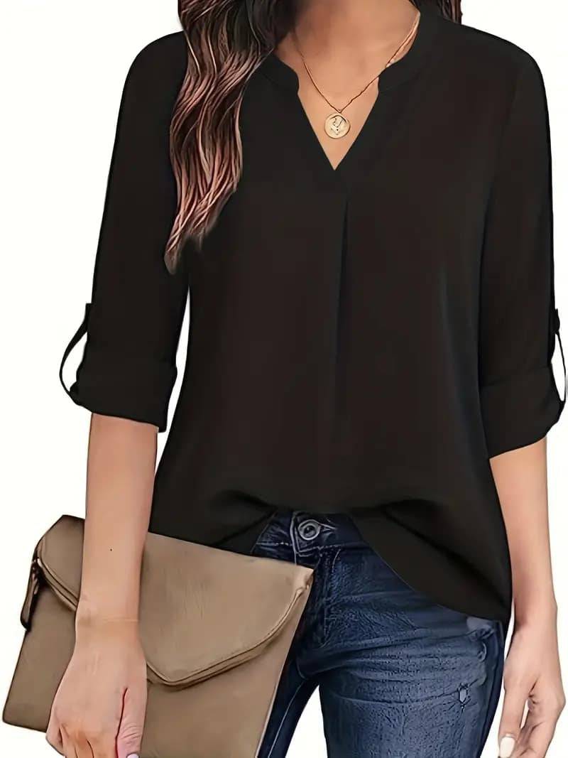 Solid Color Simple Blouse, Casual V-neck Long Sleeves - YLORESHOP