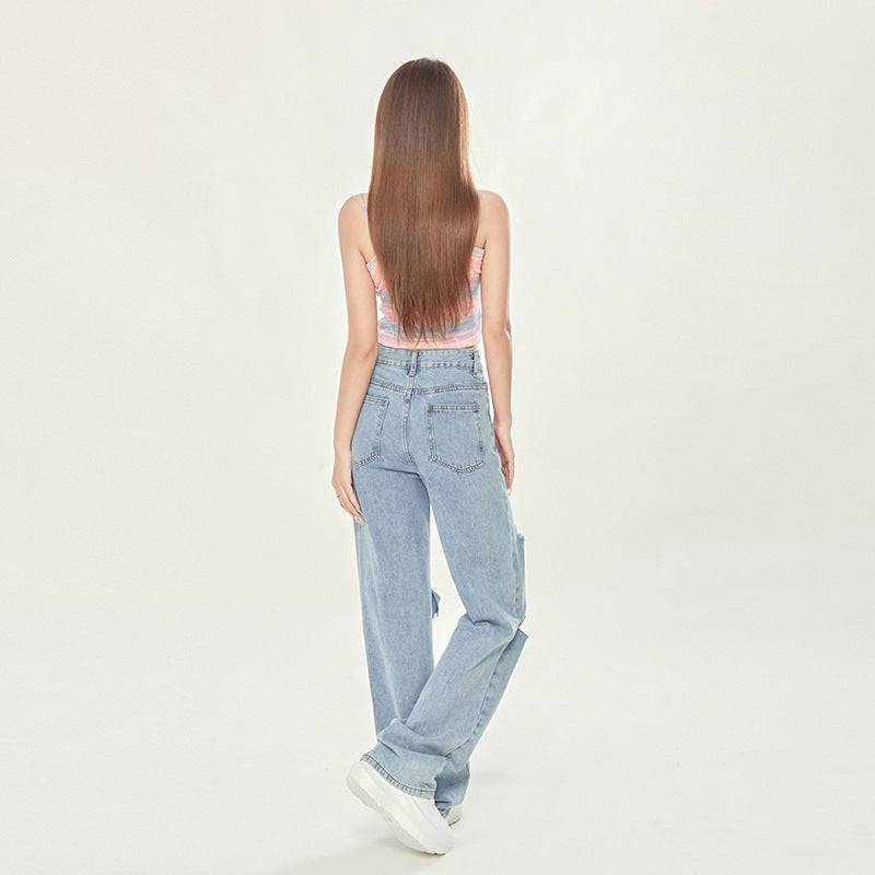 Women's High Waist Light Blue Ripped Wide-legged Jeans - YLORESHOP