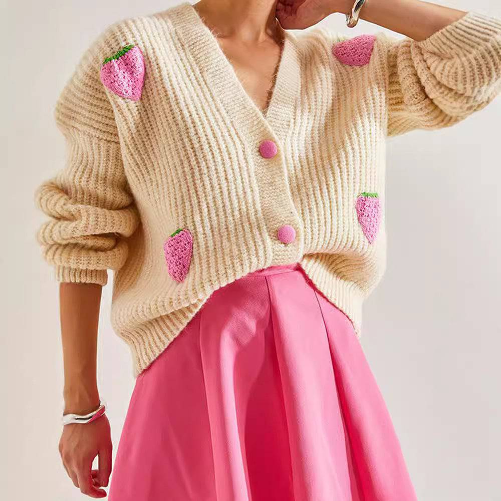 Maglione cardigan decorativo beige con scollo a V dolce