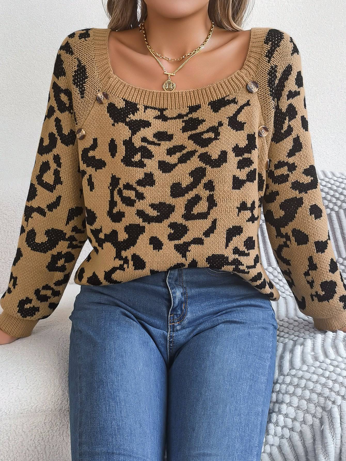 Maglione a maniche lunghe con stampa leopardata a colori a contrasto con bottoni casual e colletto quadrato