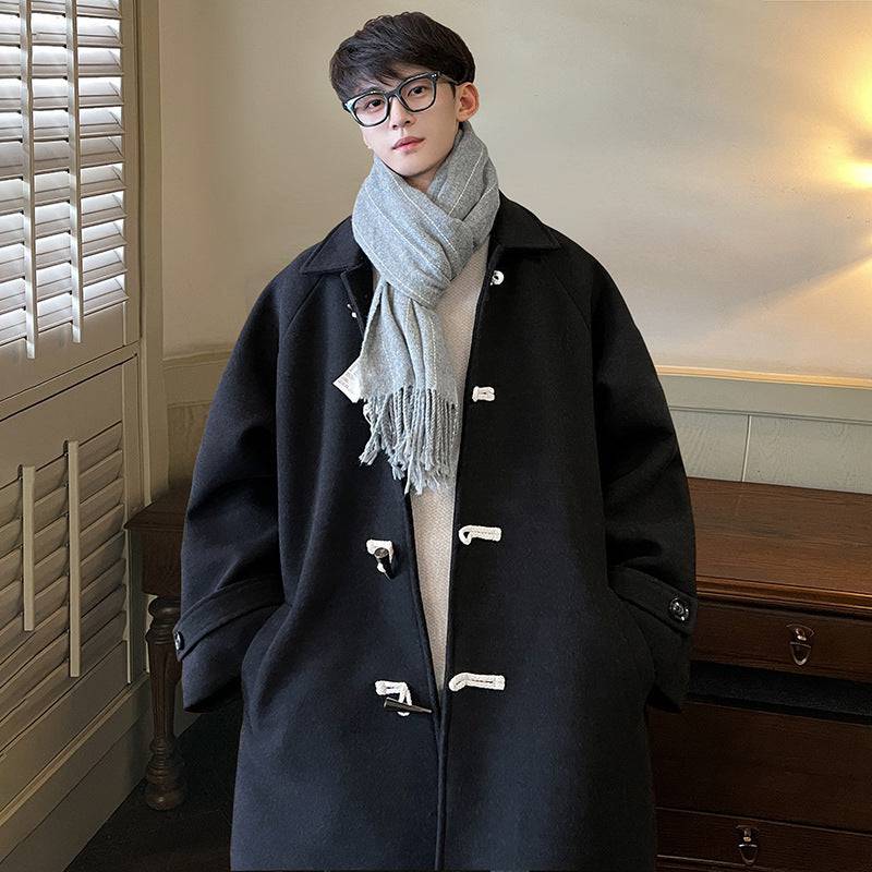 Detachable Hooded Horn Button Woolen Coat Men