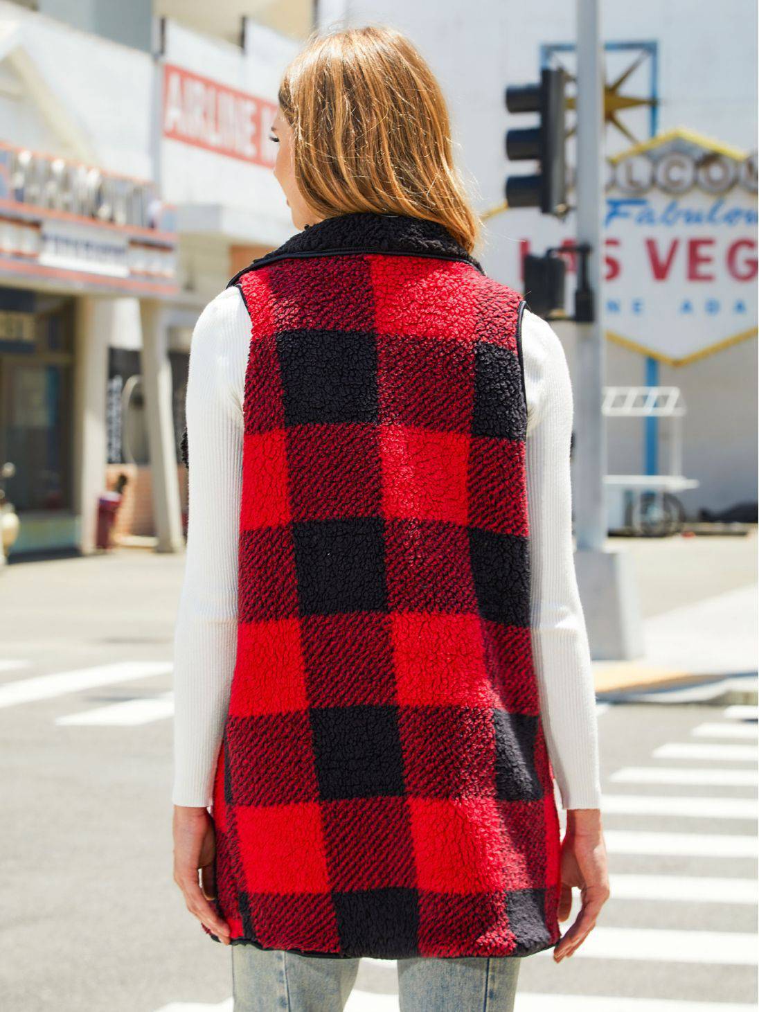 Cardigan Plaid Plush Vest Coat For Women - YLORESHOP