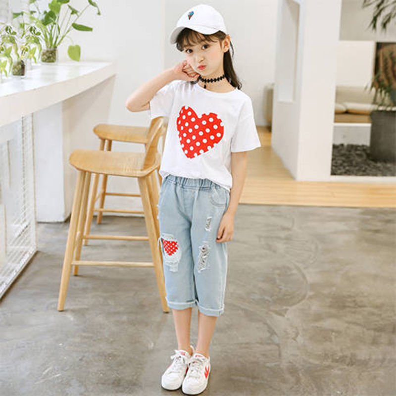 Girls White T-shirt Ripped Jeans Kids Suit - YLORESHOP