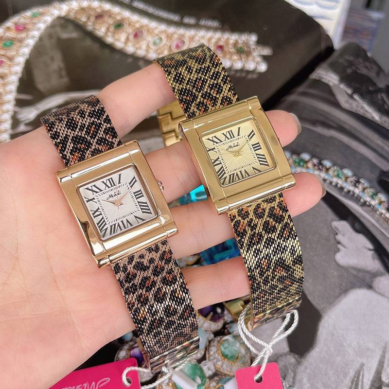 Orologio quadrato da donna con cintura in acciaio con stampa leopardata