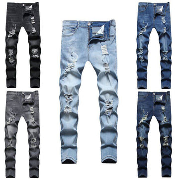 New Men's Ripped Matte White Slim-fit Denim Trousers Fashion - YLORESHOP