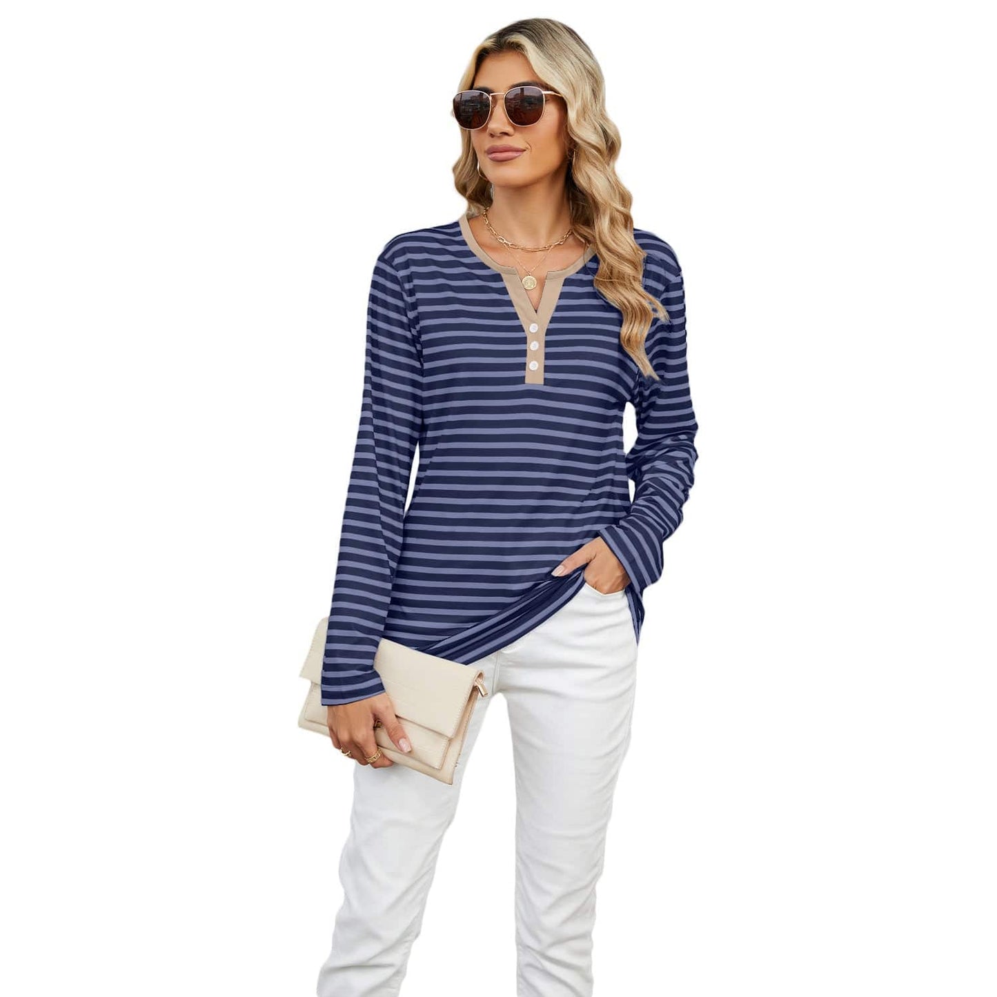 Women's V-neck Striped Loose Long-sleeved T-shirt Top - YLORESHOP