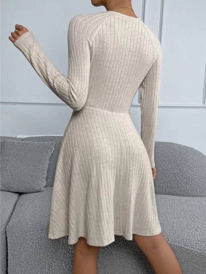 New Fall Women's Clothing Slim Fit Sunken Stripe Long Sleeve Fleece Dress - YLORESHOP