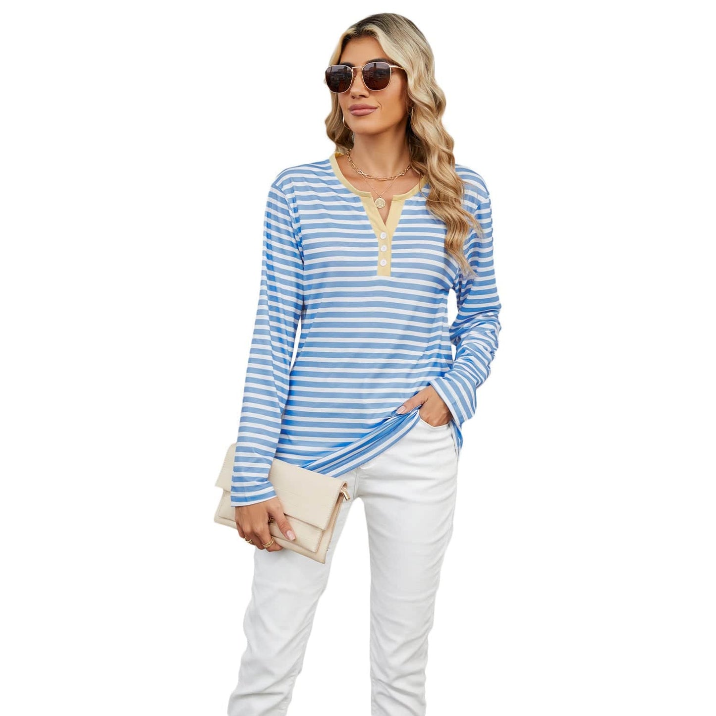 Women's V-neck Striped Loose Long-sleeved T-shirt Top - YLORESHOP