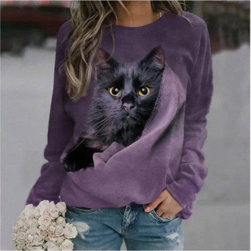 Cute Cat 3D Digital Printing Women's Round Neck Sweater - YLORESHOP