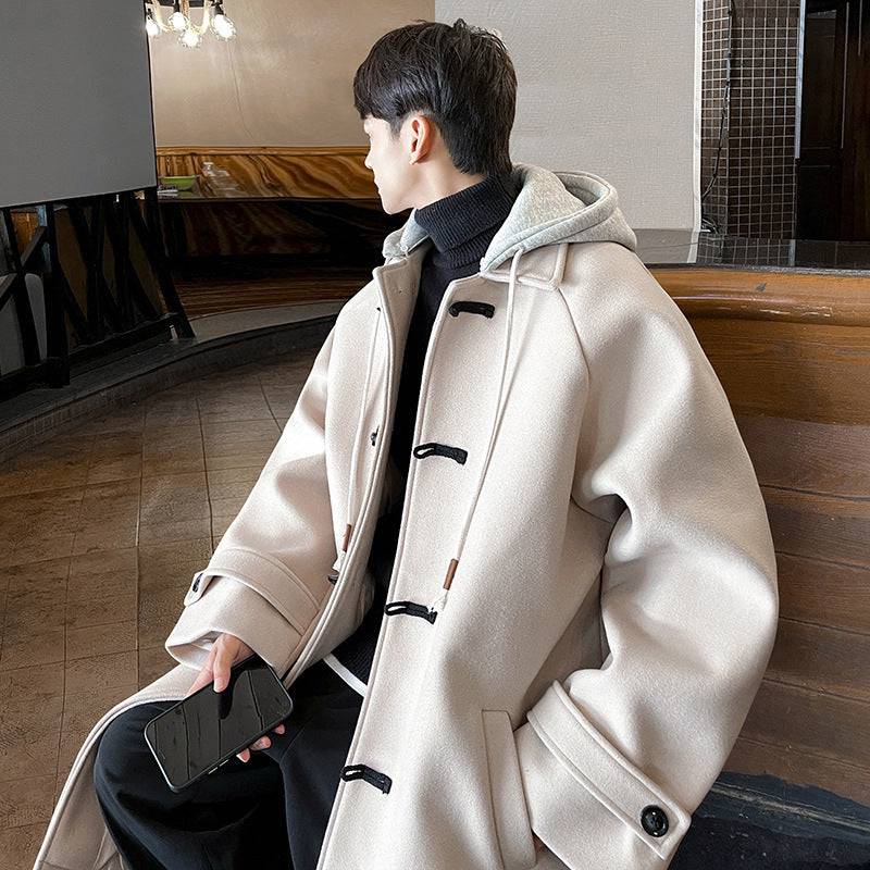 Detachable Hooded Horn Button Woolen Coat Men