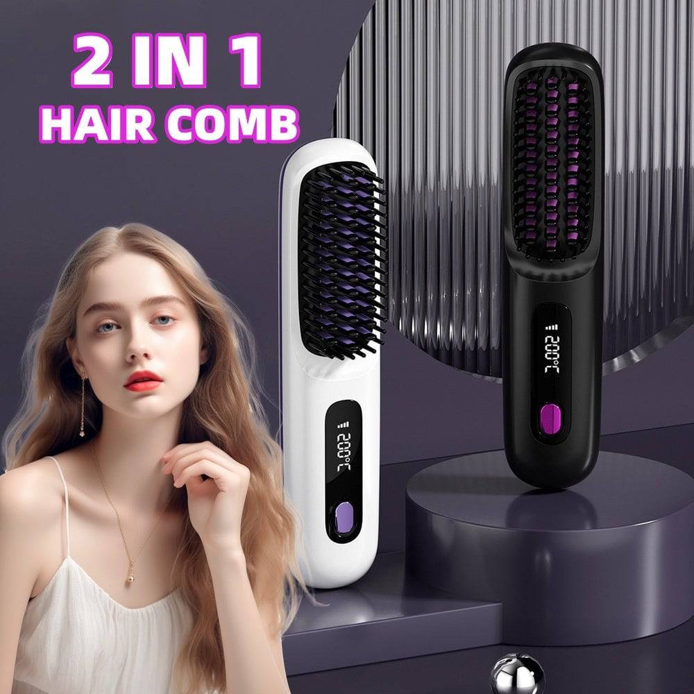 2 In 1 Straight Hair Comb Wireless Hair Straightener Brush Hair Fast Heating Portable Hot Curler USB Charging - YLORESHOP