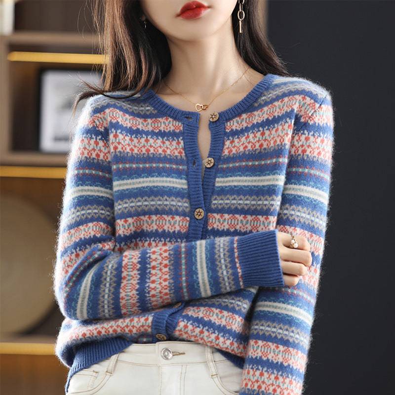 Women's Knitted Cardigan Mixed Color Stripe Contrast Color Jacquard Soft Glutinous Sweater Coat - YLORESHOP