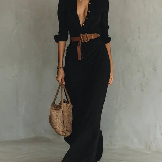Fashionable and elegant long sleeve button down lapel belted irregular maxi dress. - YLORESHOP