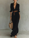 Fashionable and elegant long sleeve button down lapel belted irregular maxi dress. - YLORESHOP