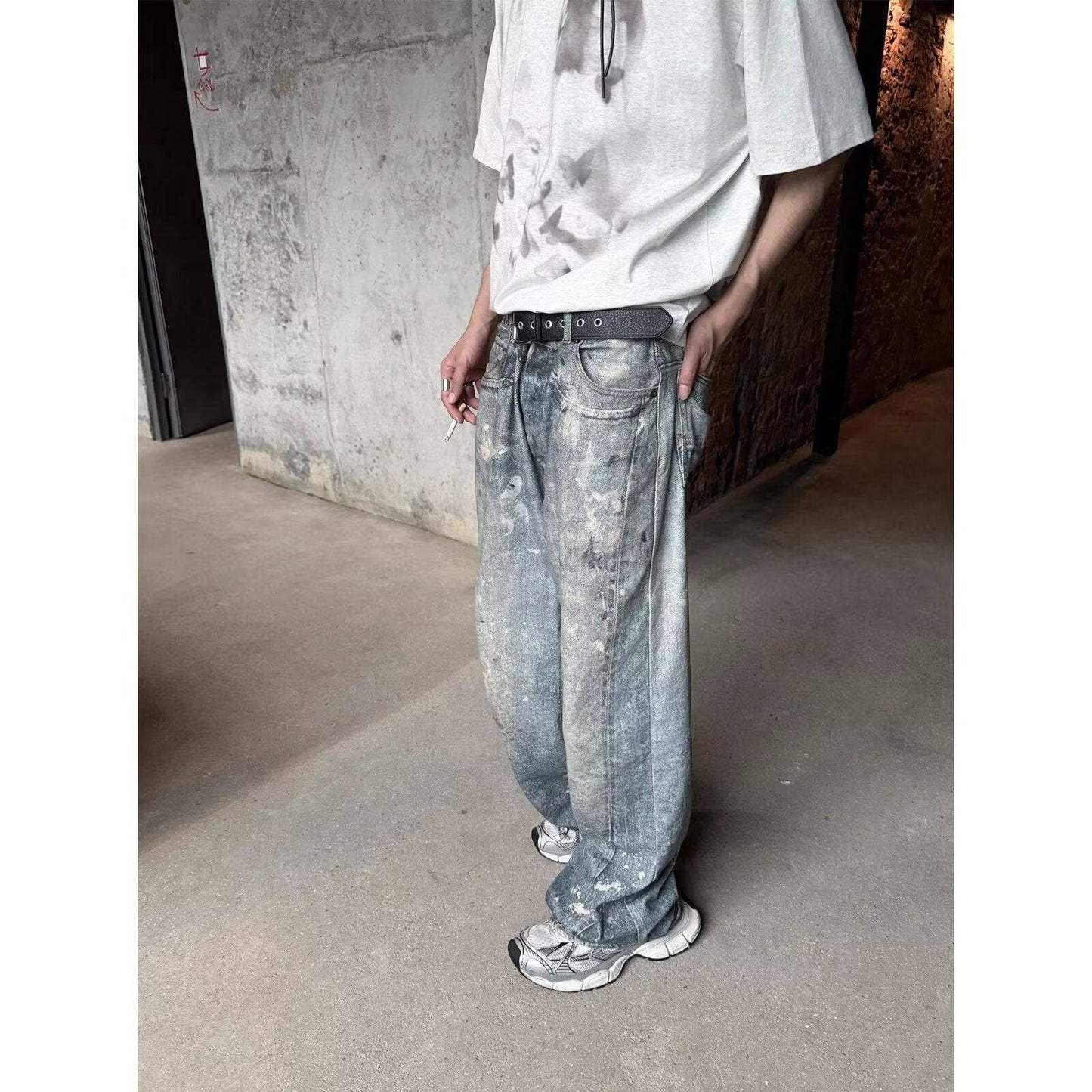 Washed Distressed Printed Denim Men's Straight Loose Long Pants