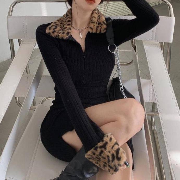 New Leopard Print Long Sleeve Padded Dress Women - YLORESHOP