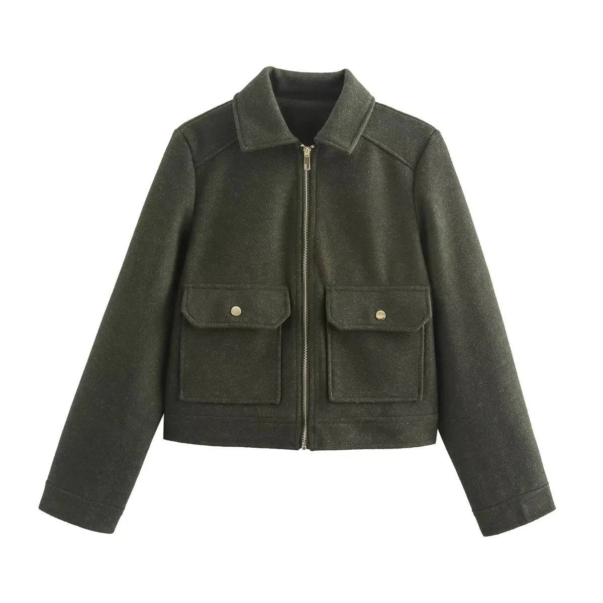 Women's Lapel Woolen Pocket Zipper Coat - YLORESHOP