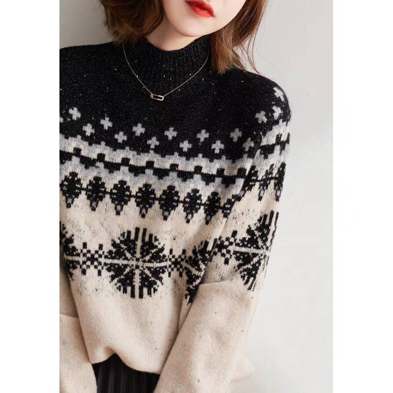 Autumn And Winter Spring New Half Turtleneck Knitted Snowflake Retro Loose Sweater - YLORESHOP