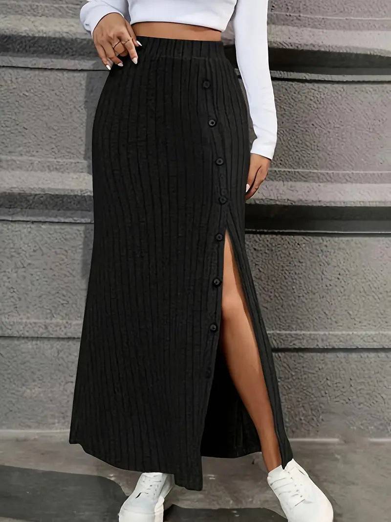 Women Knitted Dress Sunken Stripe Slit Fastener Decoration Sheath Skirt - YLORESHOP