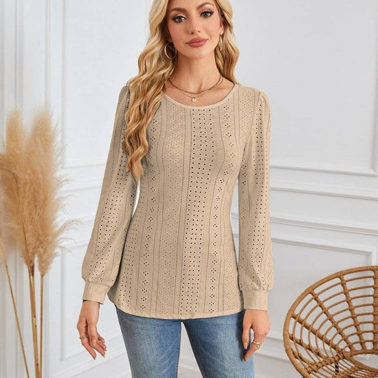Round Neck Small Hole Bubble Sleeve Long Sleeve Top - YLORESHOP