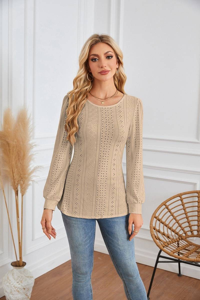 Round Neck Small Hole Bubble Sleeve Long Sleeve Top - YLORESHOP