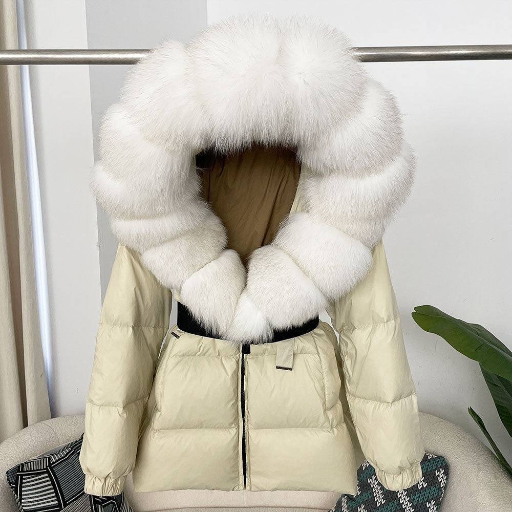 Oversized Real Fox Fur Collar Hooded White Duck Down Jacket - YLORESHOP