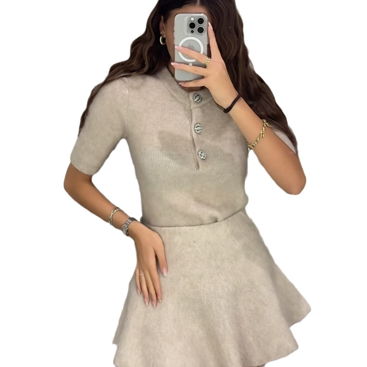 Women's Round Neck Short Sleeve Sweater Skirt Suit - YLORESHOP