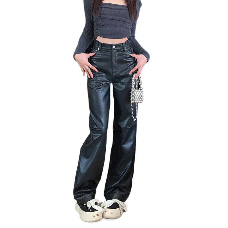 Hong Kong Style High Waist Slimming Sense Of Design Leather Trousers - YLORESHOP