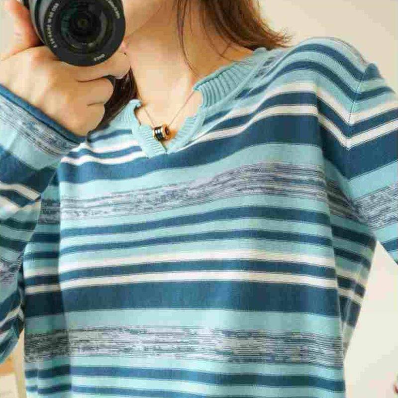 Striped V-neck Knitted Top Thin Plus Size Inner Bottoming Shirt - YLORESHOP