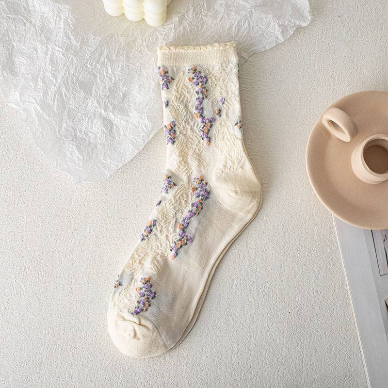 Court Women's Thin Small Flower Long Socks Retro