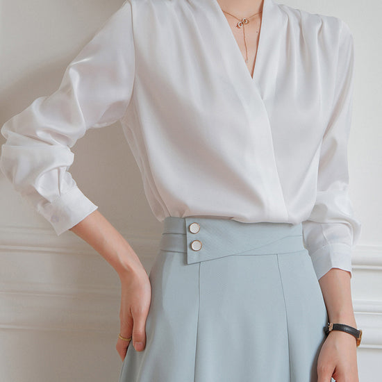 Elegant V-neck Satin Shirt Women's Commuter Formal Wear - YLORESHOP