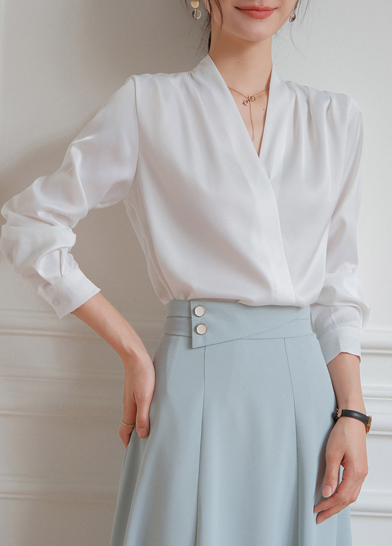 Elegant V-neck Satin Shirt Women's Commuter Formal Wear - YLORESHOP