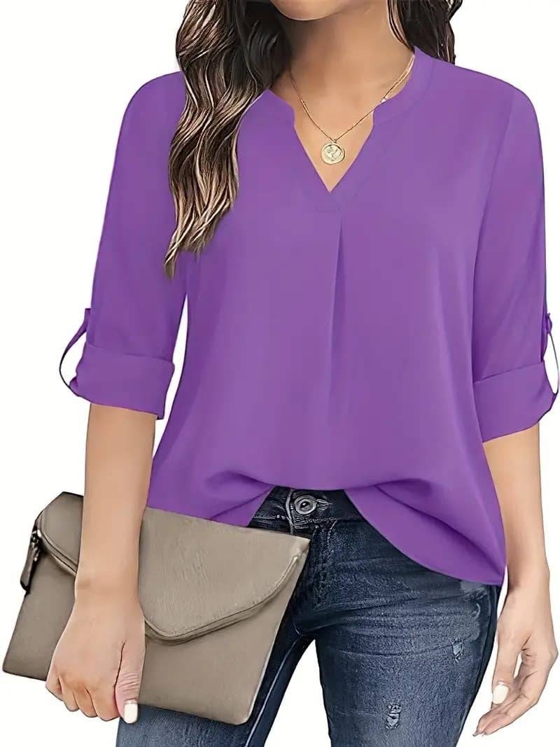 Solid Color Simple Blouse, Casual V-neck Long Sleeves - YLORESHOP