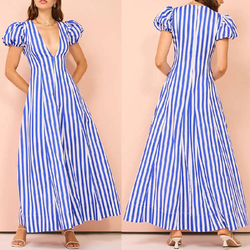 Women's Fashion Striped Puff Sleeve Dress - YLORESHOP