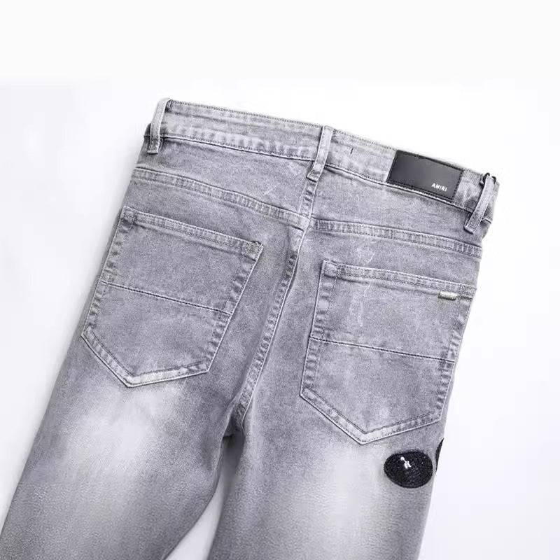 Fashion Gray Hole Patch Embroidery Cobra Stretch Feet Men's Jeans