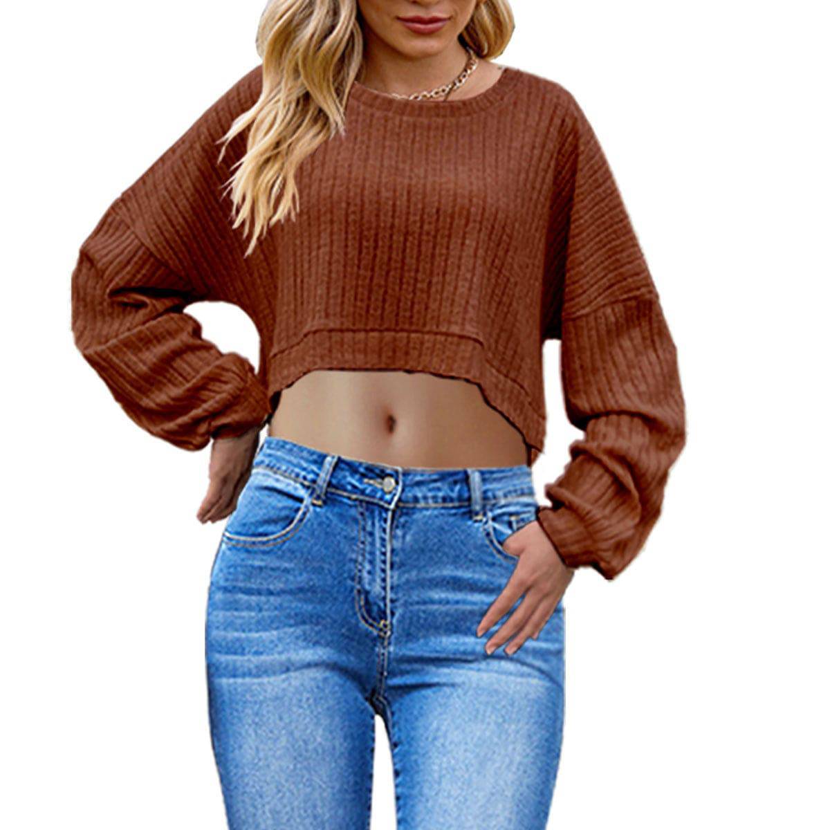 European And American Brushed Sunken Stripe Knitted Midriff-baring Long Sleeve Short T Women's Top - YLORESHOP