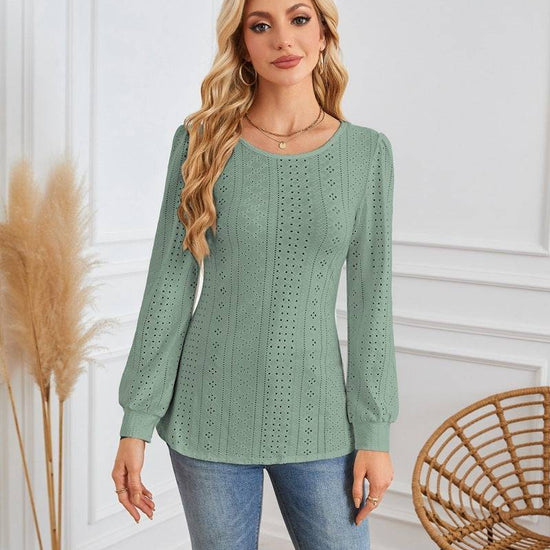 Round Neck Small Hole Bubble Sleeve Long Sleeve Top - YLORESHOP